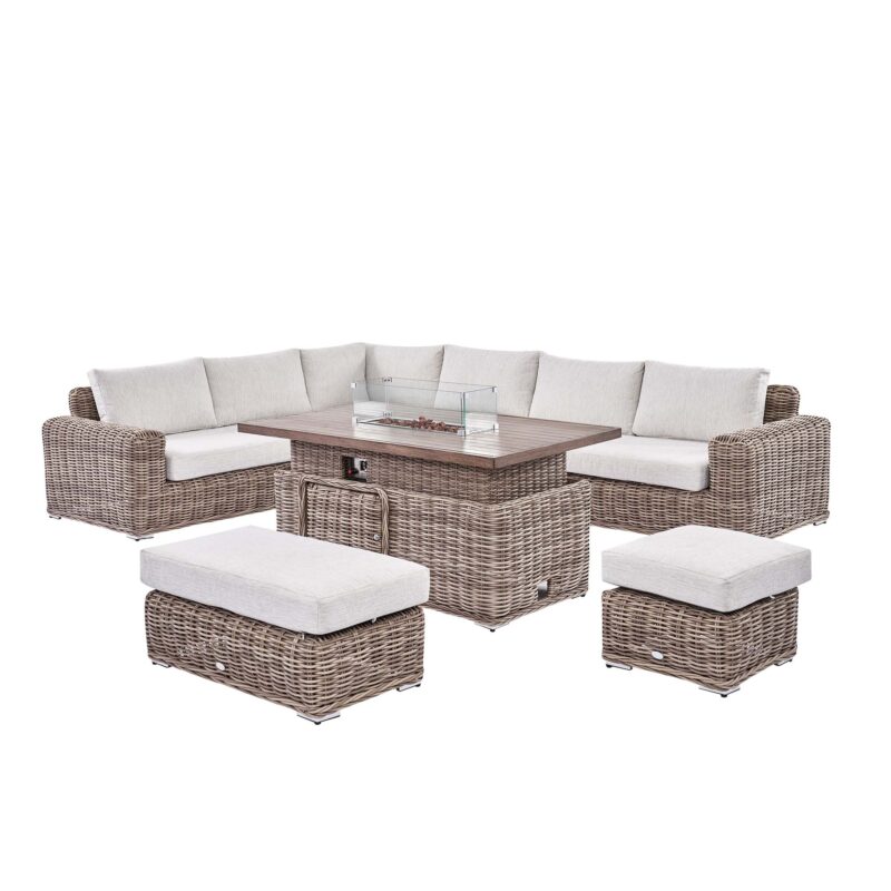Bellagio Round Wicker Large Corner Casual Dining Set with Rising Firepit Table, Natural - Image 7
