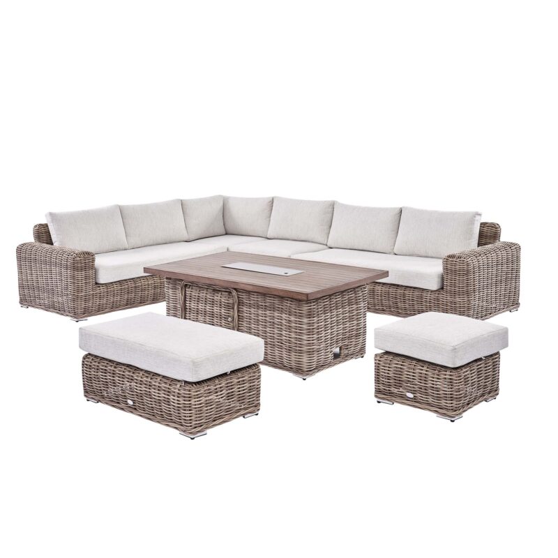 Bellagio Round Wicker Large Corner Casual Dining Set with Rising Firepit Table, Natural - Image 8