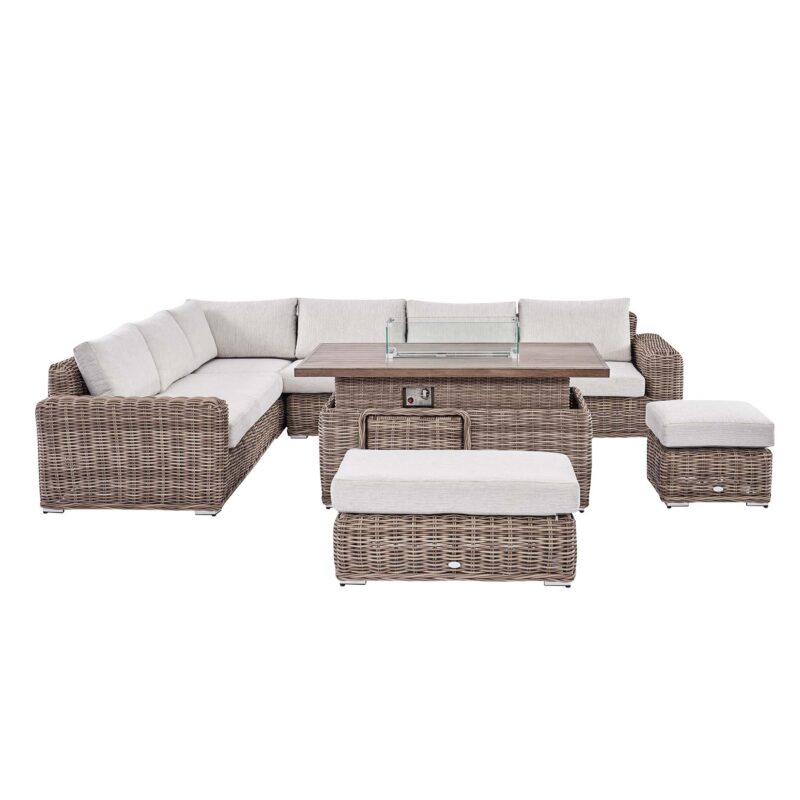 Bellagio Round Wicker Large Corner Casual Dining Set with Rising Firepit Table, Natural - Image 10