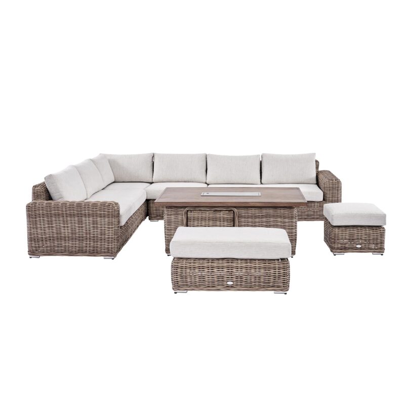 Bellagio Round Wicker Large Corner Casual Dining Set with Rising Firepit Table, Natural - Image 11