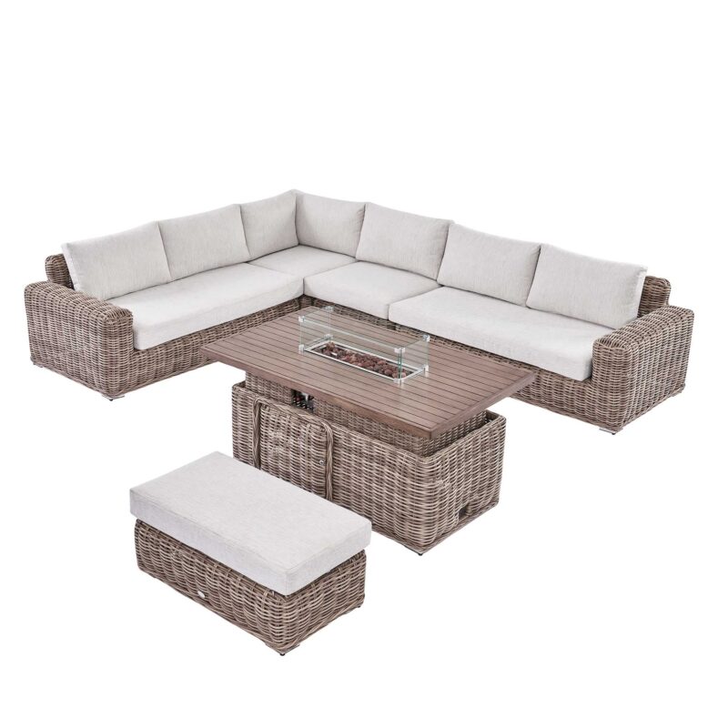 Bellagio Round Wicker Large Corner Casual Dining Set with Rising Firepit Table, Natural - Image 12