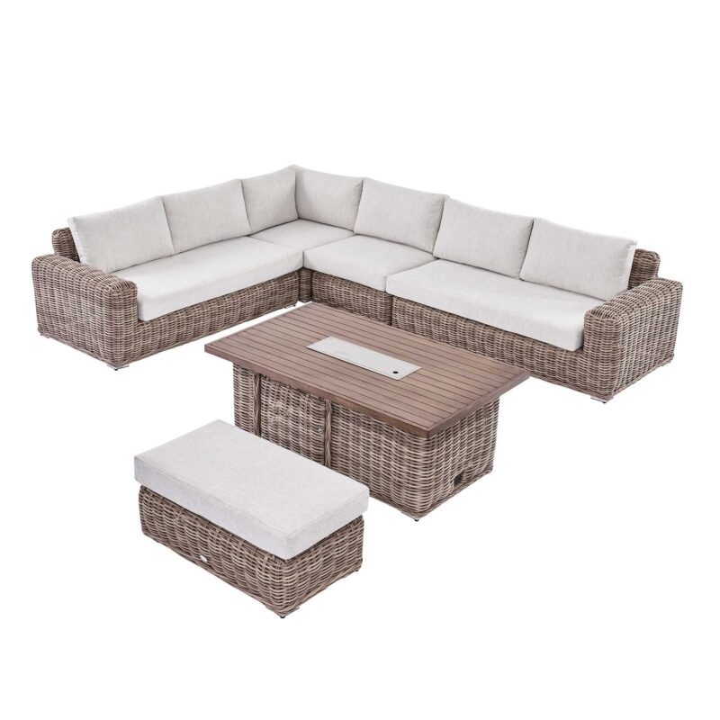 Bellagio Round Wicker Large Corner Casual Dining Set with Rising Firepit Table, Natural - Image 13