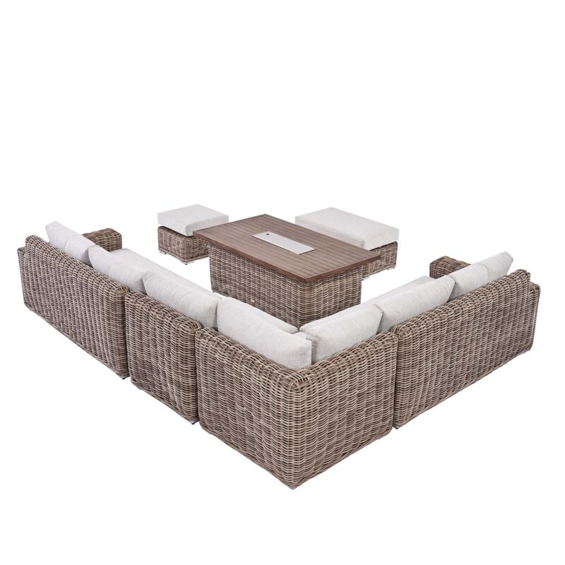 Bellagio Round Wicker Large Corner Casual Dining Set with Rising Firepit Table, Natural - Image 14