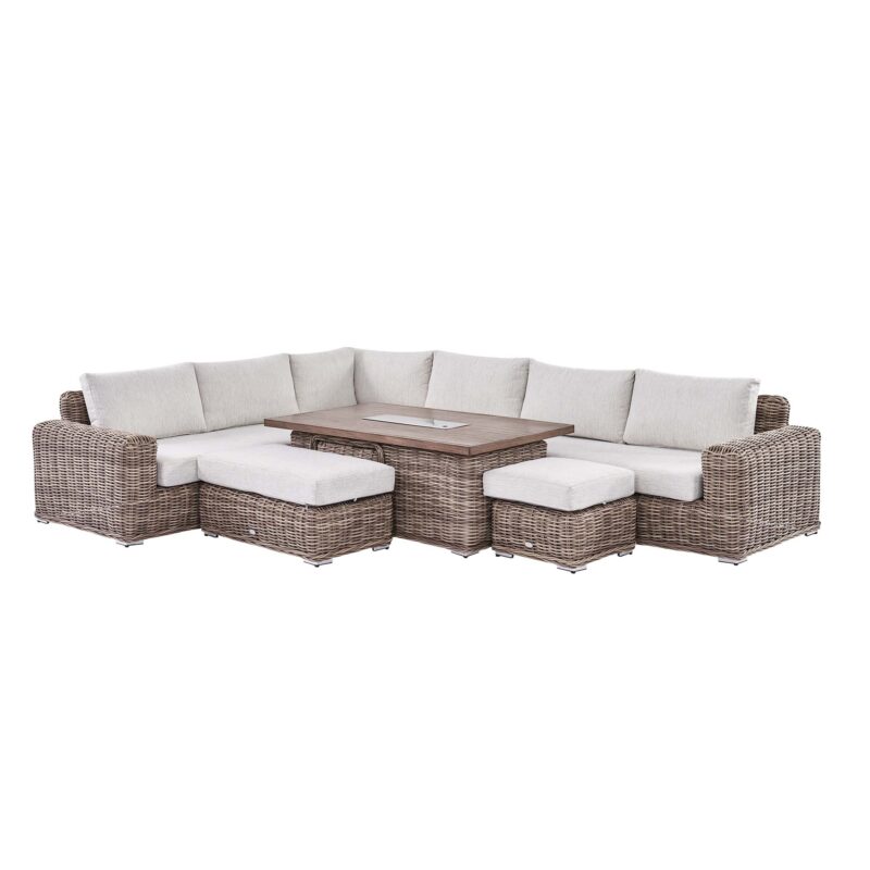 Bellagio Round Wicker Large Corner Casual Dining Set with Rising Firepit Table, Natural - Image 15