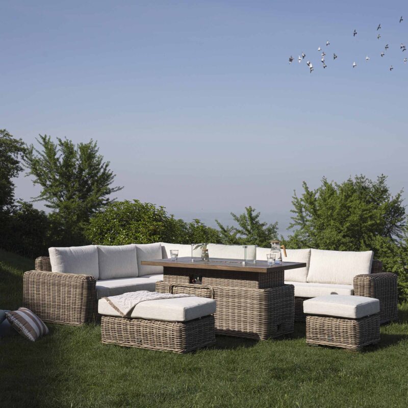 Bellagio Round Wicker Large Corner Casual Dining Set with Rising Firepit Table, Natural - Image 2