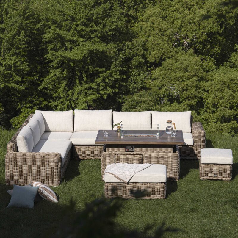 Bellagio Round Wicker Large Corner Casual Dining Set with Rising Firepit Table, Natural - Image 3
