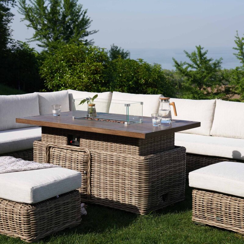 Bellagio Round Wicker Large Corner Casual Dining Set with Rising Firepit Table, Natural - Image 4