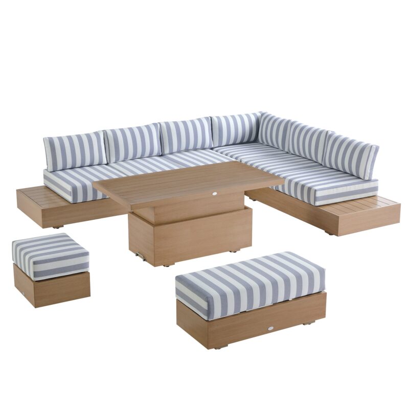 Jardin Aluminium Large Corner Casual Dining Set with Rising Table, Natural with Blue Stripes - Image 10