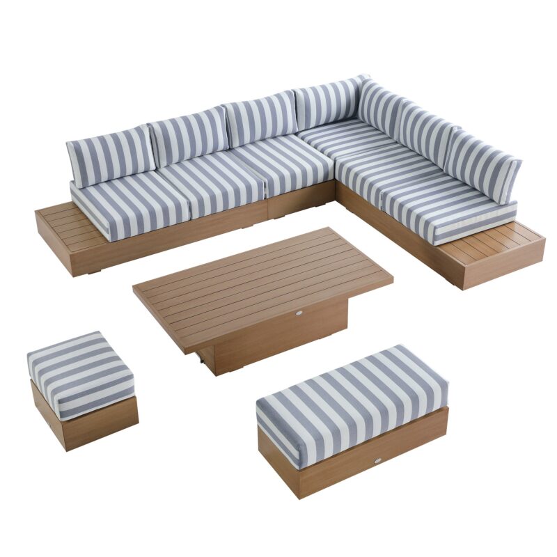 Jardin Aluminium Large Corner Casual Dining Set with Rising Table, Natural with Blue Stripes - Image 13