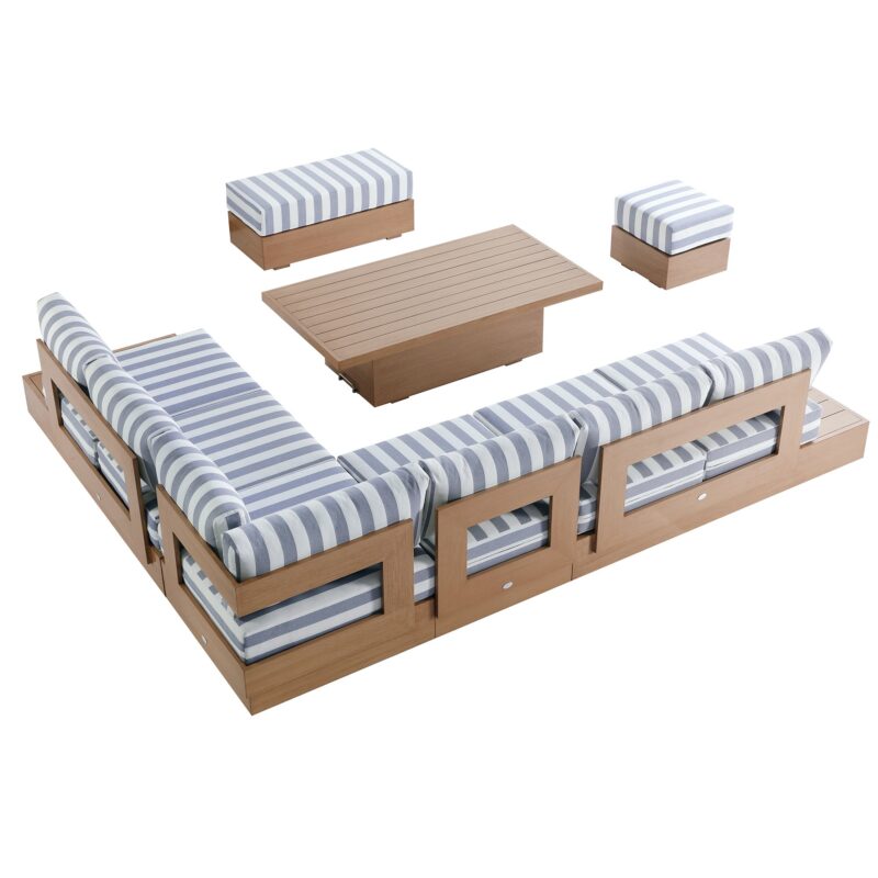 Jardin Aluminium Large Corner Casual Dining Set with Rising Table, Natural with Blue Stripes - Image 14