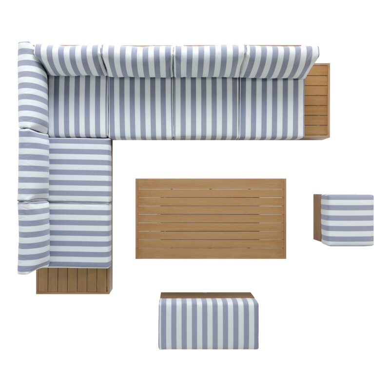Jardin Aluminium Large Corner Casual Dining Set with Rising Table, Natural with Blue Stripes - Image 15