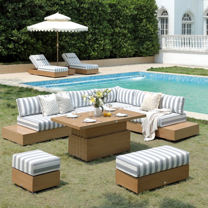 Jardin Aluminium Large Corner Casual Dining Set with Rising Table, Natural with Blue Stripes