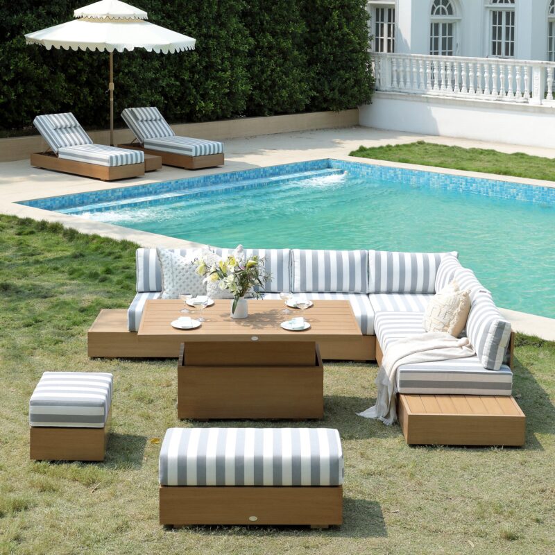 Jardin Aluminium Large Corner Casual Dining Set with Rising Table, Natural with Blue Stripes - Image 2