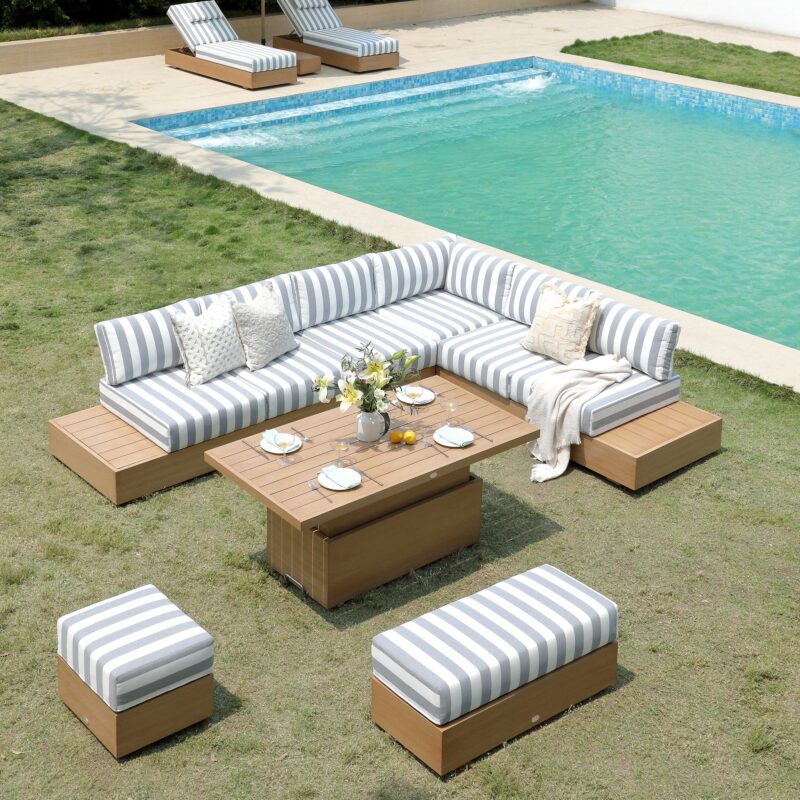 Jardin Aluminium Large Corner Casual Dining Set with Rising Table, Natural with Blue Stripes - Image 3