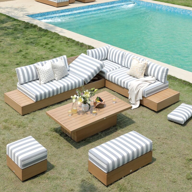 Jardin Aluminium Large Corner Casual Dining Set with Rising Table, Natural with Blue Stripes - Image 5