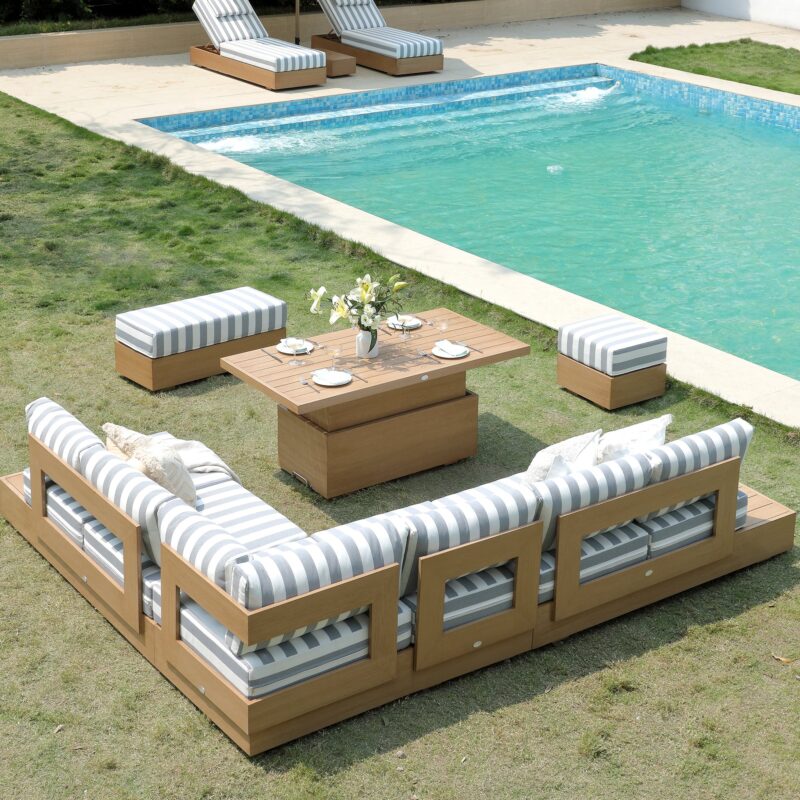 Jardin Aluminium Large Corner Casual Dining Set with Rising Table, Natural with Blue Stripes - Image 6