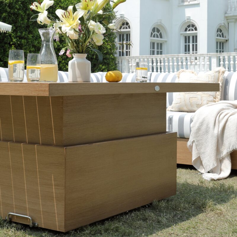 Jardin Aluminium Large Corner Casual Dining Set with Rising Table, Natural with Blue Stripes - Image 7