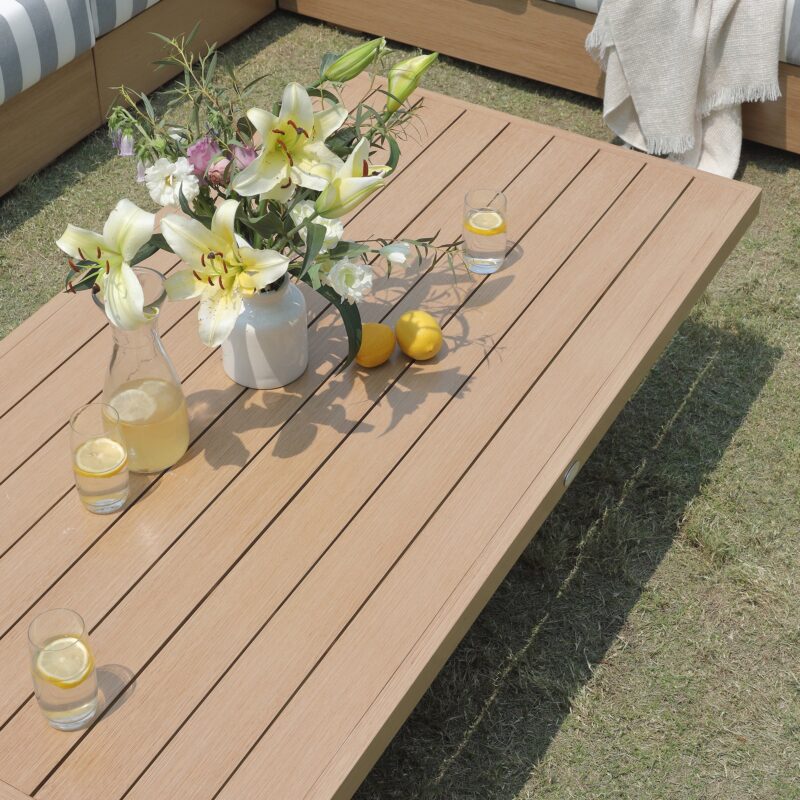 Jardin Aluminium Large Corner Casual Dining Set with Rising Table, Natural with Blue Stripes - Image 8