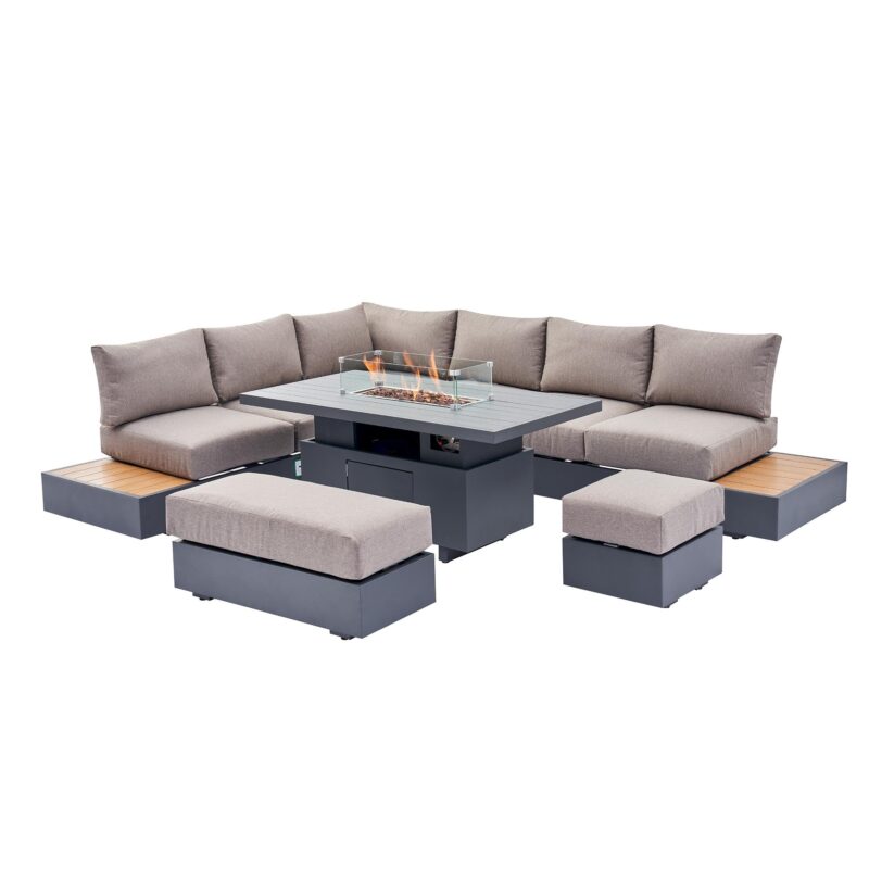 Jardin Aluminium Large Corner Casual Dining Set with Rising Firepit Table, Granite - Image 8