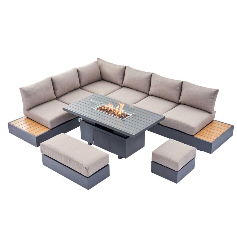 Jardin Aluminium Large Corner Casual Dining Set with Rising Firepit Table, Granite - Image 9