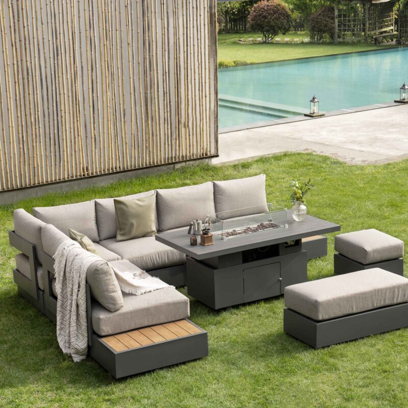 Jardin Aluminium Large Corner Casual Dining Set with Rising Firepit Table, Granite - Image 2