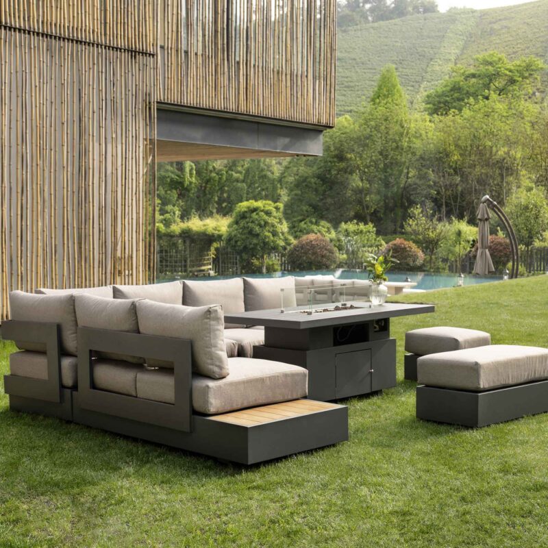 Jardin Aluminium Large Corner Casual Dining Set with Rising Firepit Table, Granite - Image 3