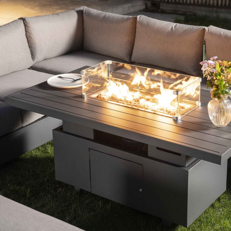 Jardin Aluminium Large Corner Casual Dining Set with Rising Firepit Table, Granite - Image 4