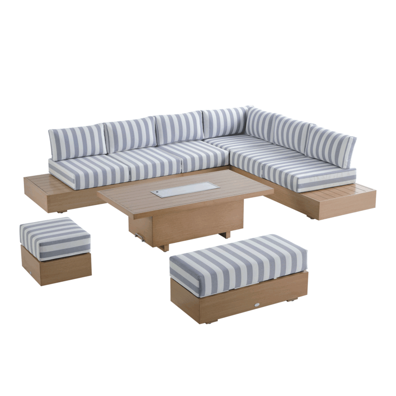 Jardin Aluminium Large Corner Casual Dining Set with Rising Table, Natural with Blue Stripes - Image 9
