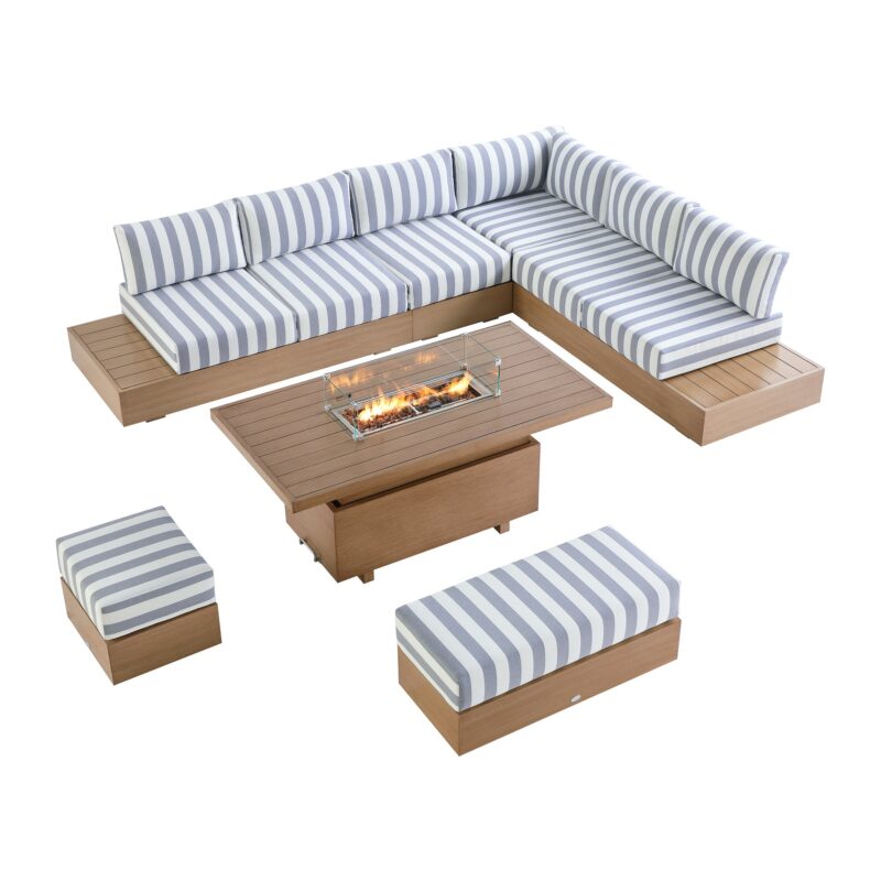 Jardin Aluminium Large Corner Casual Dining Set with Rising Firepit Table, Natural with Blue Stripes - Image 12