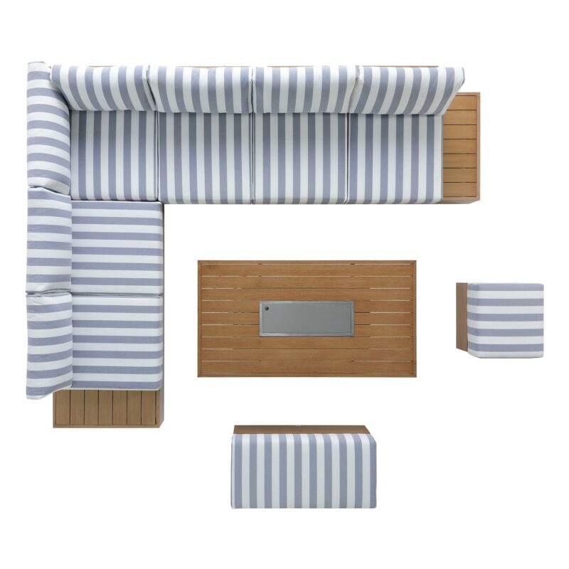 Jardin Aluminium Large Corner Casual Dining Set with Rising Firepit Table, Natural with Blue Stripes - Image 15