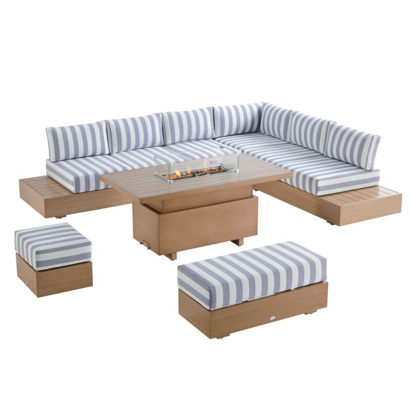 Jardin Aluminium Large Corner Casual Dining Set with Rising Firepit Table, Natural with Blue Stripes - Image 16