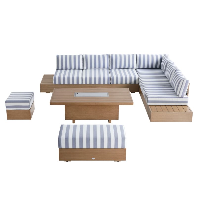 Jardin Aluminium Large Corner Casual Dining Set with Rising Firepit Table, Natural with Blue Stripes - Image 18
