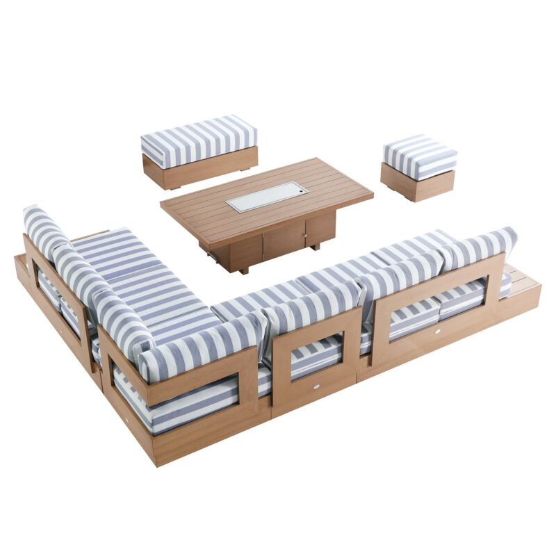 Jardin Aluminium Large Corner Casual Dining Set with Rising Firepit Table, Natural with Blue Stripes - Image 19