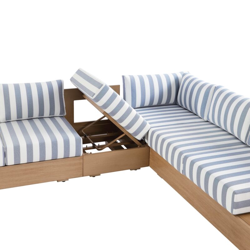 Jardin Aluminium Large Corner Casual Dining Set with Rising Firepit Table, Natural with Blue Stripes - Image 22