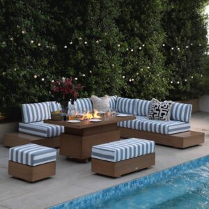 Jardin Aluminium Large Corner Casual Dining Set with Rising Firepit Table, Natural with Blue Stripes