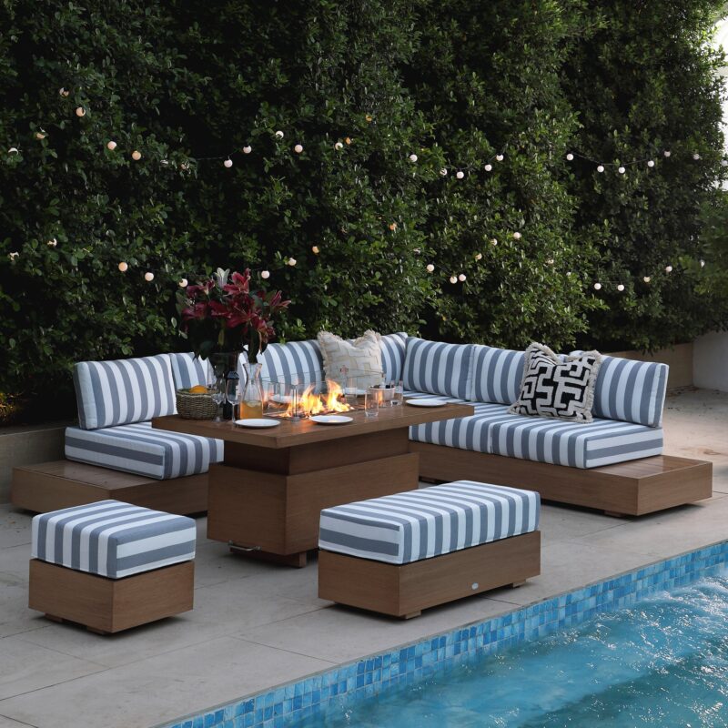 Jardin Aluminium Large Corner Casual Dining Set with Rising Firepit Table, Natural with Blue Stripes