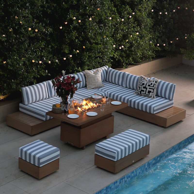 Jardin Aluminium Large Corner Casual Dining Set with Rising Firepit Table, Natural with Blue Stripes - Image 2