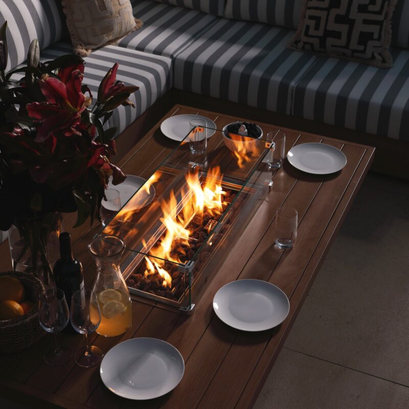 Jardin Aluminium Large Corner Casual Dining Set with Rising Firepit Table, Natural with Blue Stripes - Image 3