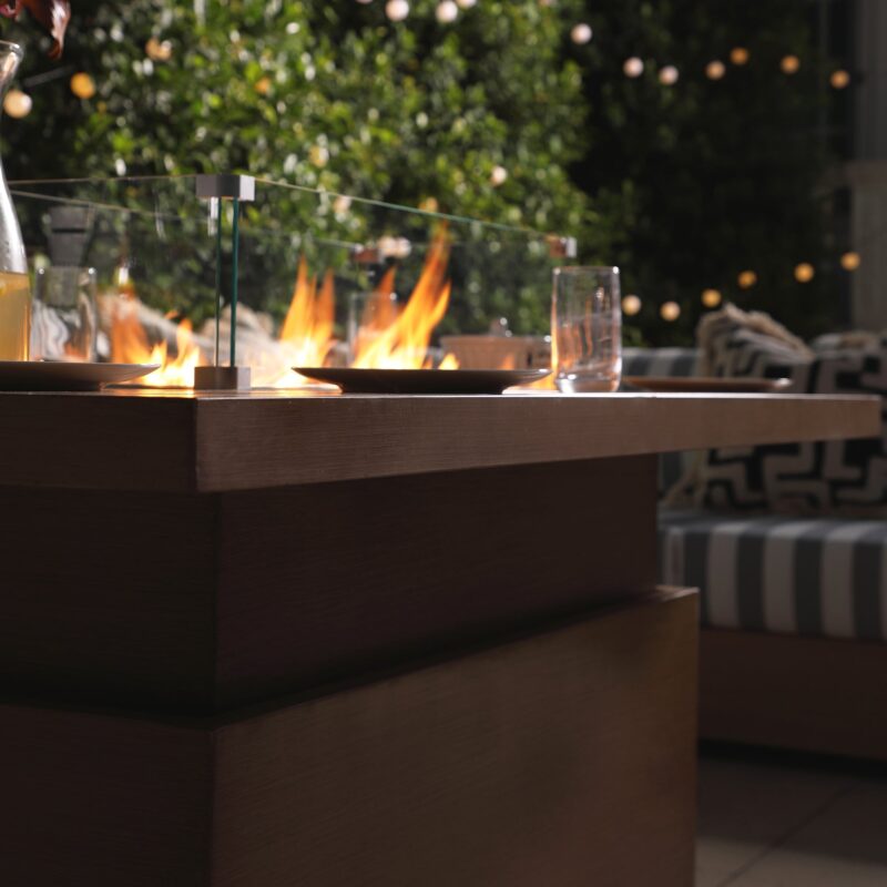 Jardin Aluminium Large Corner Casual Dining Set with Rising Firepit Table, Natural with Blue Stripes - Image 4
