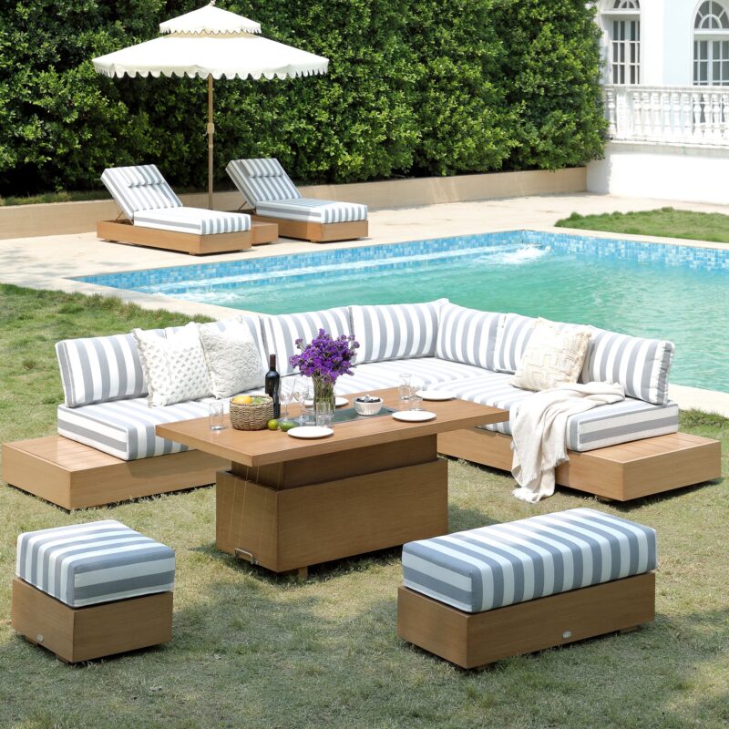 Jardin Aluminium Large Corner Casual Dining Set with Rising Firepit Table, Natural with Blue Stripes - Image 5