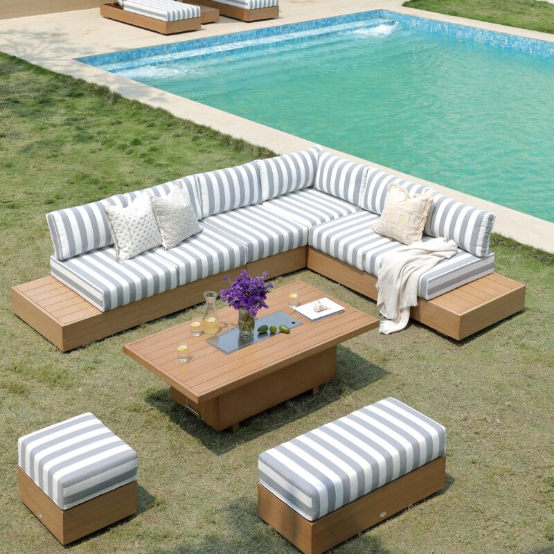 Jardin Aluminium Large Corner Casual Dining Set with Rising Firepit Table, Natural with Blue Stripes - Image 6