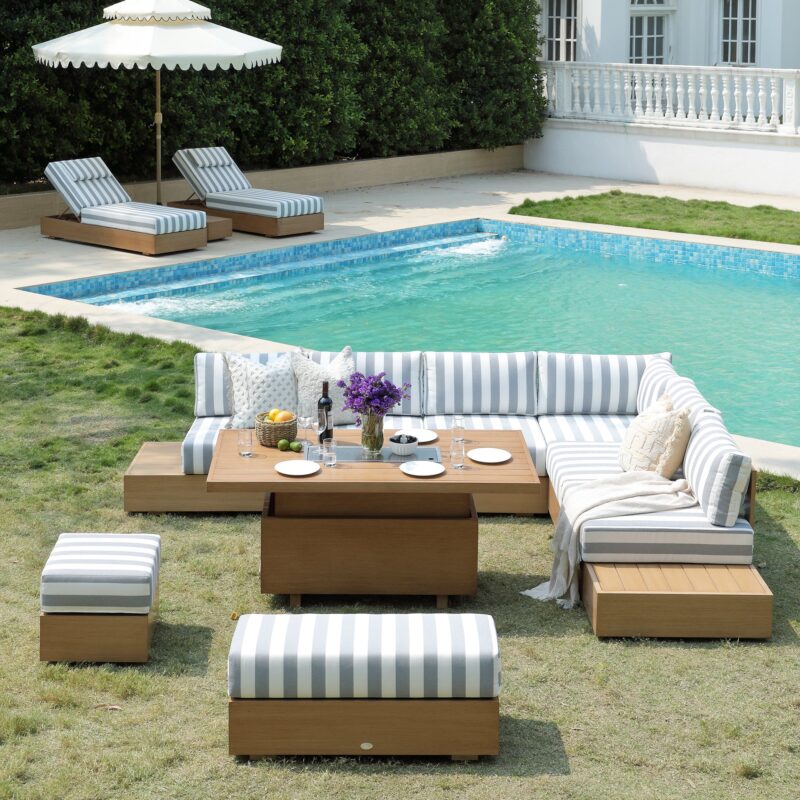 Jardin Aluminium Large Corner Casual Dining Set with Rising Firepit Table, Natural with Blue Stripes - Image 7