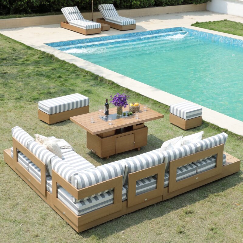 Jardin Aluminium Large Corner Casual Dining Set with Rising Firepit Table, Natural with Blue Stripes - Image 8