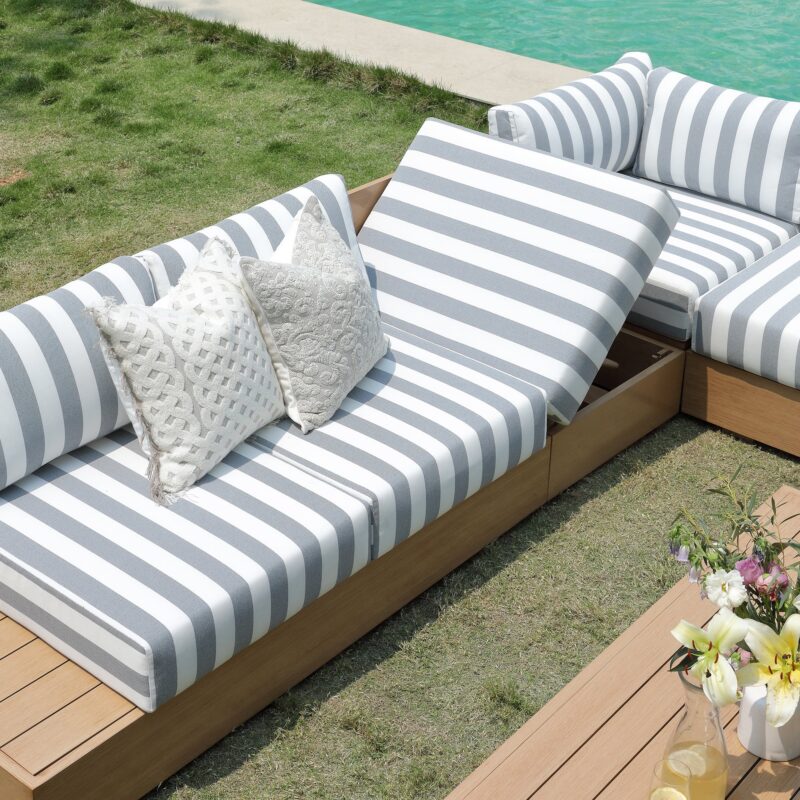 Jardin Aluminium Large Corner Casual Dining Set with Rising Firepit Table, Natural with Blue Stripes - Image 9