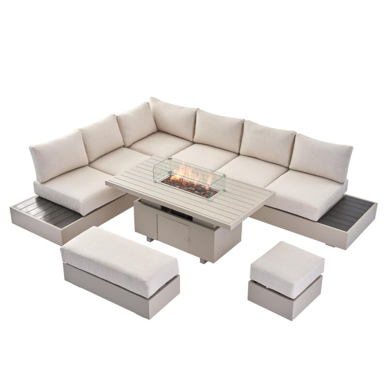 Jardin Aluminium Large Corner Casual Dining Set with Rising Firepit Table, Pumice - Image 8