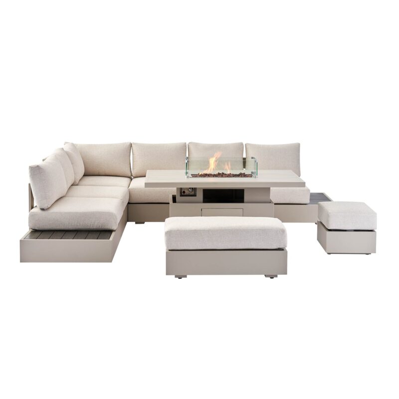 Jardin Aluminium Large Corner Casual Dining Set with Rising Firepit Table, Pumice - Image 10