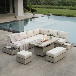 Jardin Aluminium Large Corner Casual Dining Set with Rising Firepit Table, Pumice