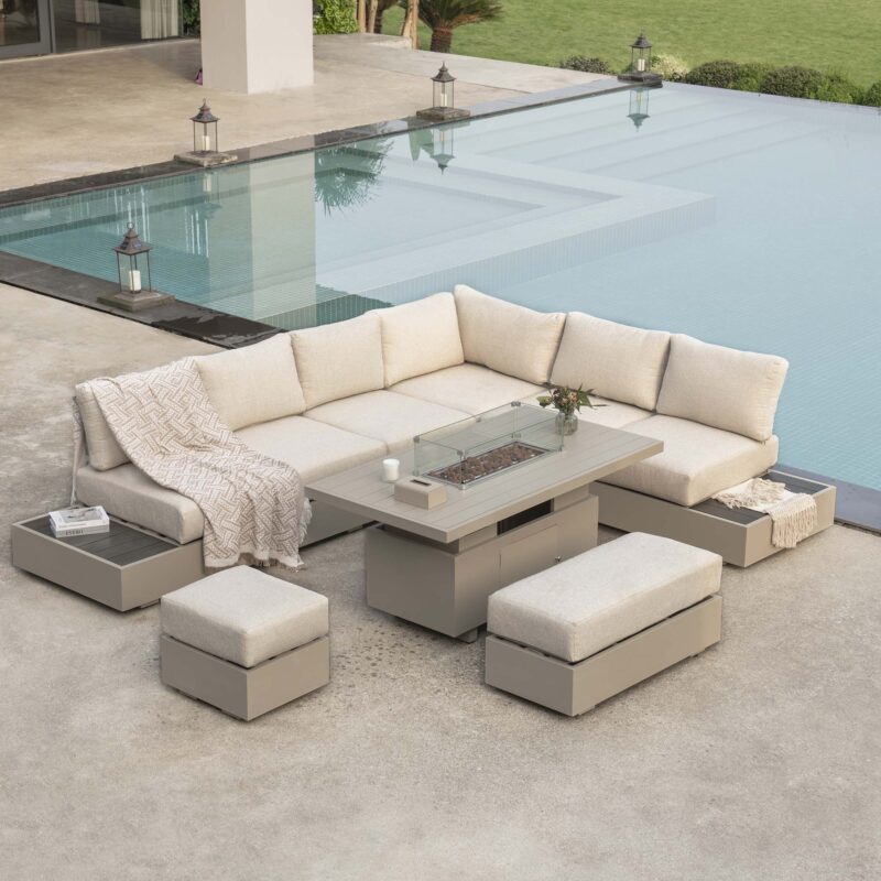 Jardin Aluminium Large Corner Casual Dining Set with Rising Firepit Table, Pumice - Image 2