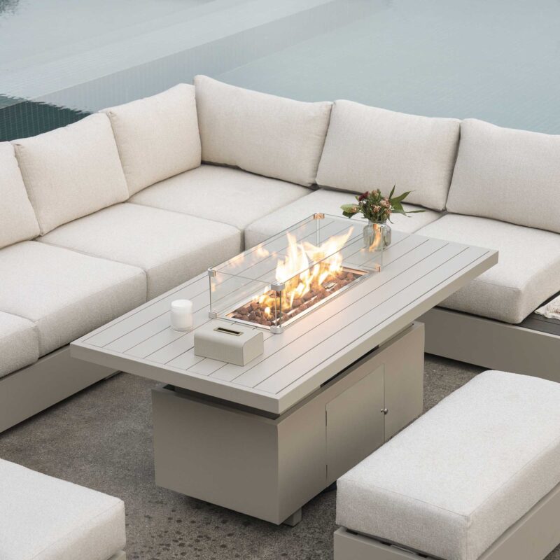 Jardin Aluminium Large Corner Casual Dining Set with Rising Firepit Table, Pumice - Image 4