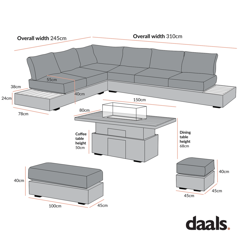 Jardin Aluminium Large Corner Casual Dining Set with Rising Firepit Table, Granite - Image 10